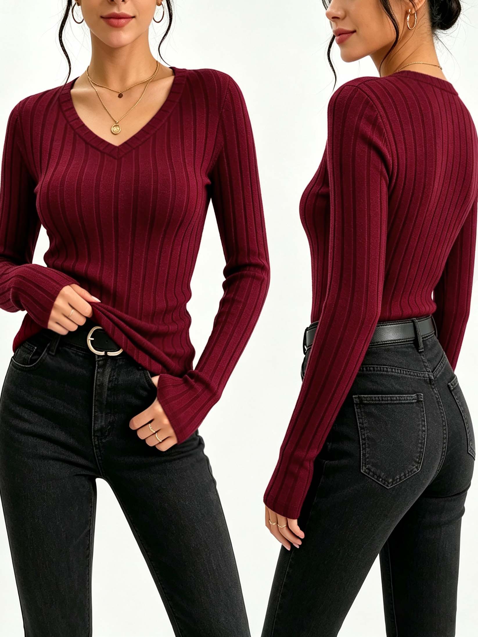 Winter Clothing For Women - Kadın Düz V Yaka Nervürlü Örme